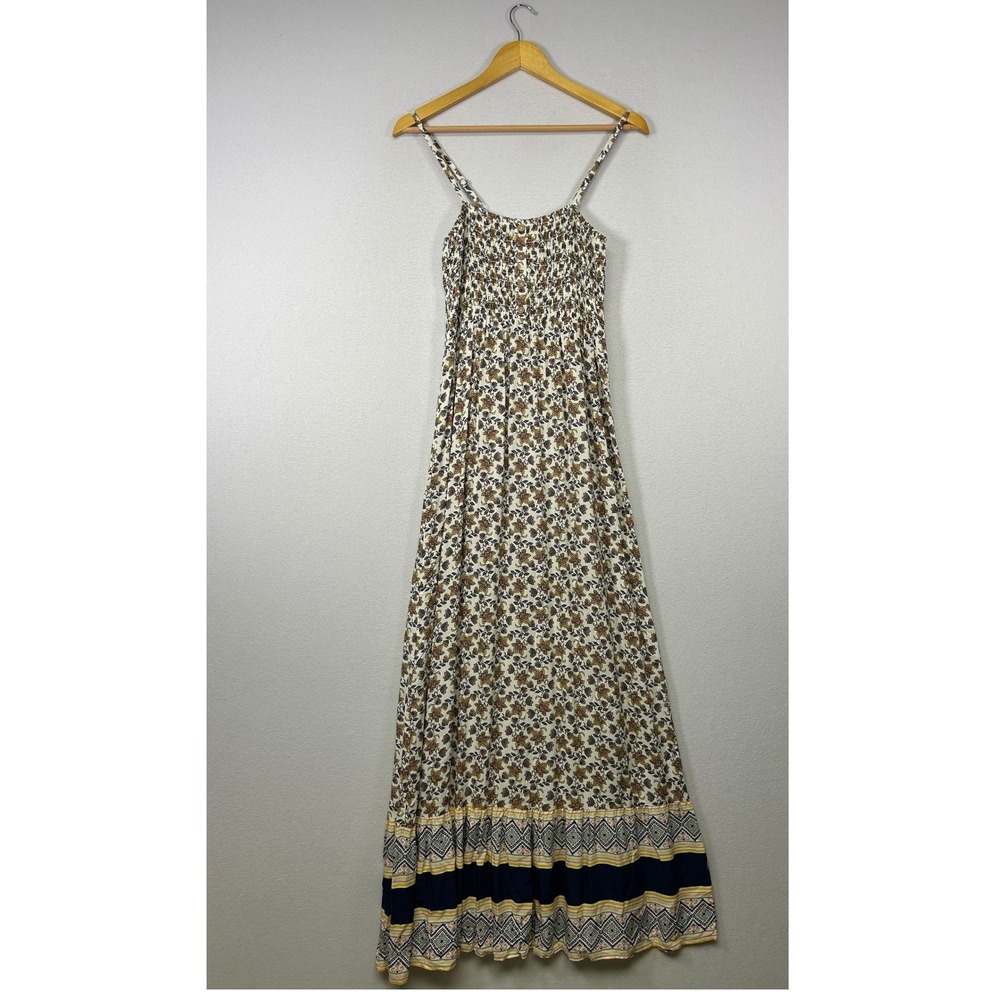 Boho Cottagecore Lily Rose Womens Sm Ivory Floral Smocked‎ Maxi Dress Prairie